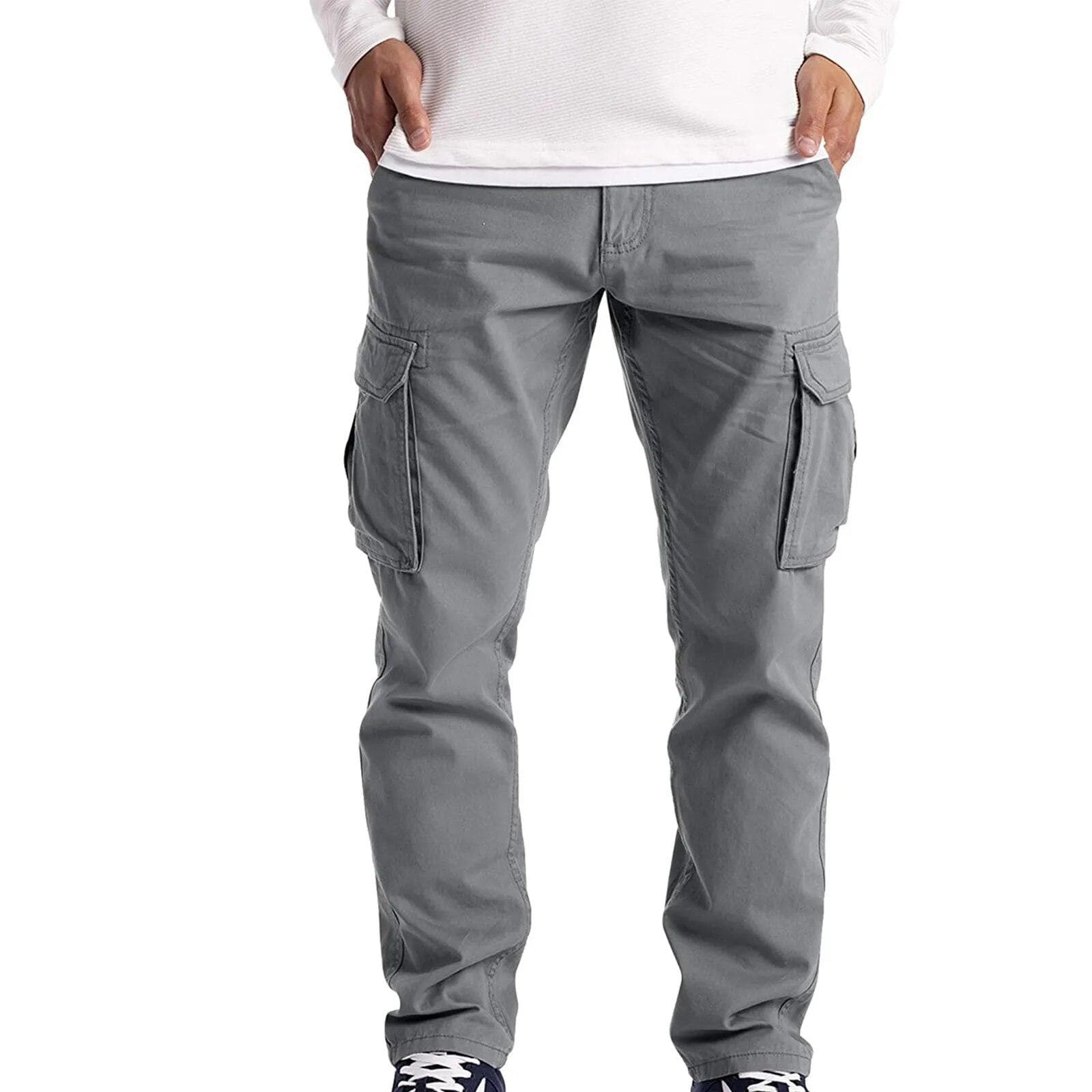 Men's Large Size Casual Workwear Trousers Multi-Pocket Straight Leg Trousers L grey