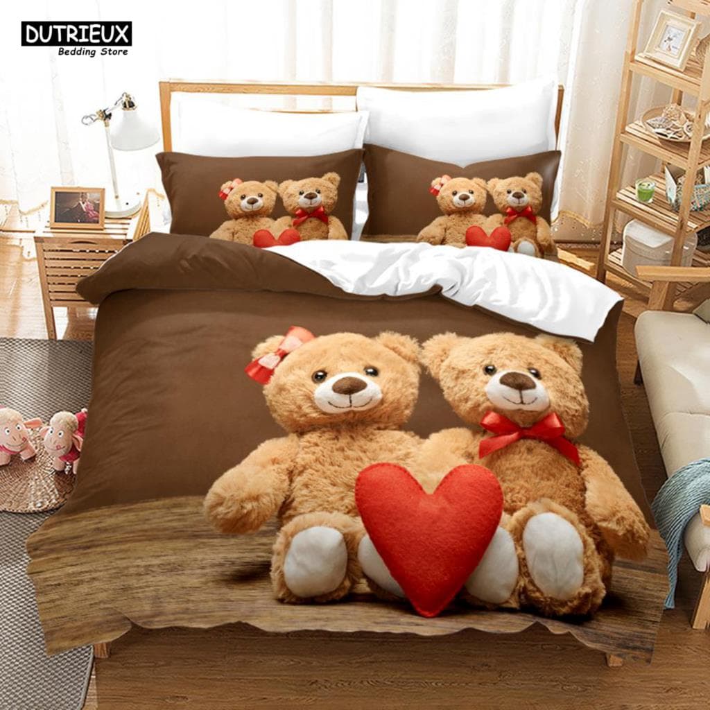 3D Teddy Bear Bedding Set White Polar Bear Bed Linen Teens Women Single Twin Queen King Full Size Duvet Cover 2/3pcs Bedclothes EU Double(200x200cm)