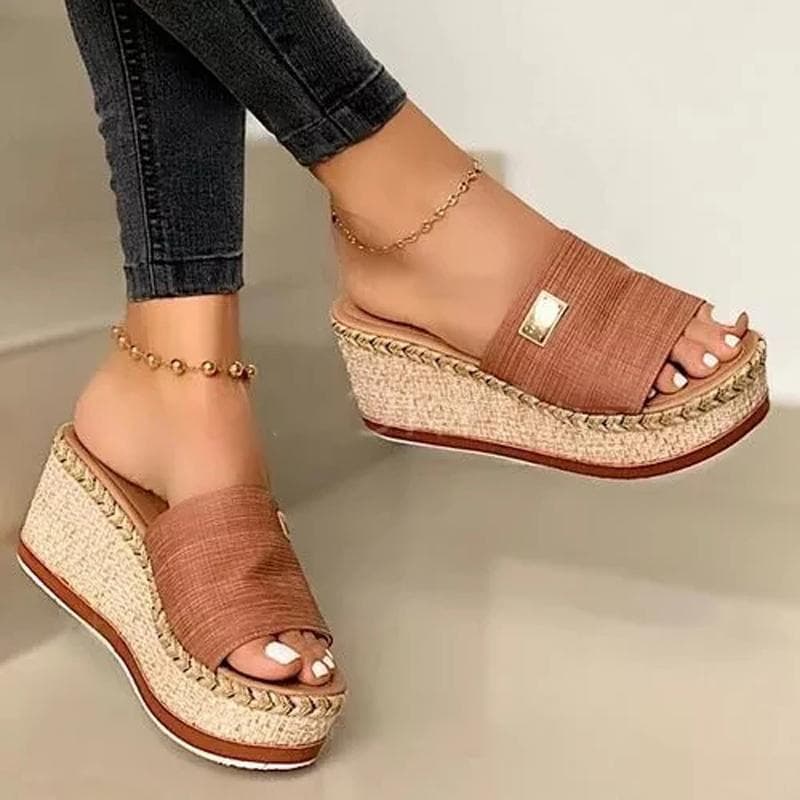 Summer Wedges Slippers Platform High Heels Women Slipper Ladies Outside Shoes Basic Clog Wedge Slipper Flip Flop Sandals 42 brown