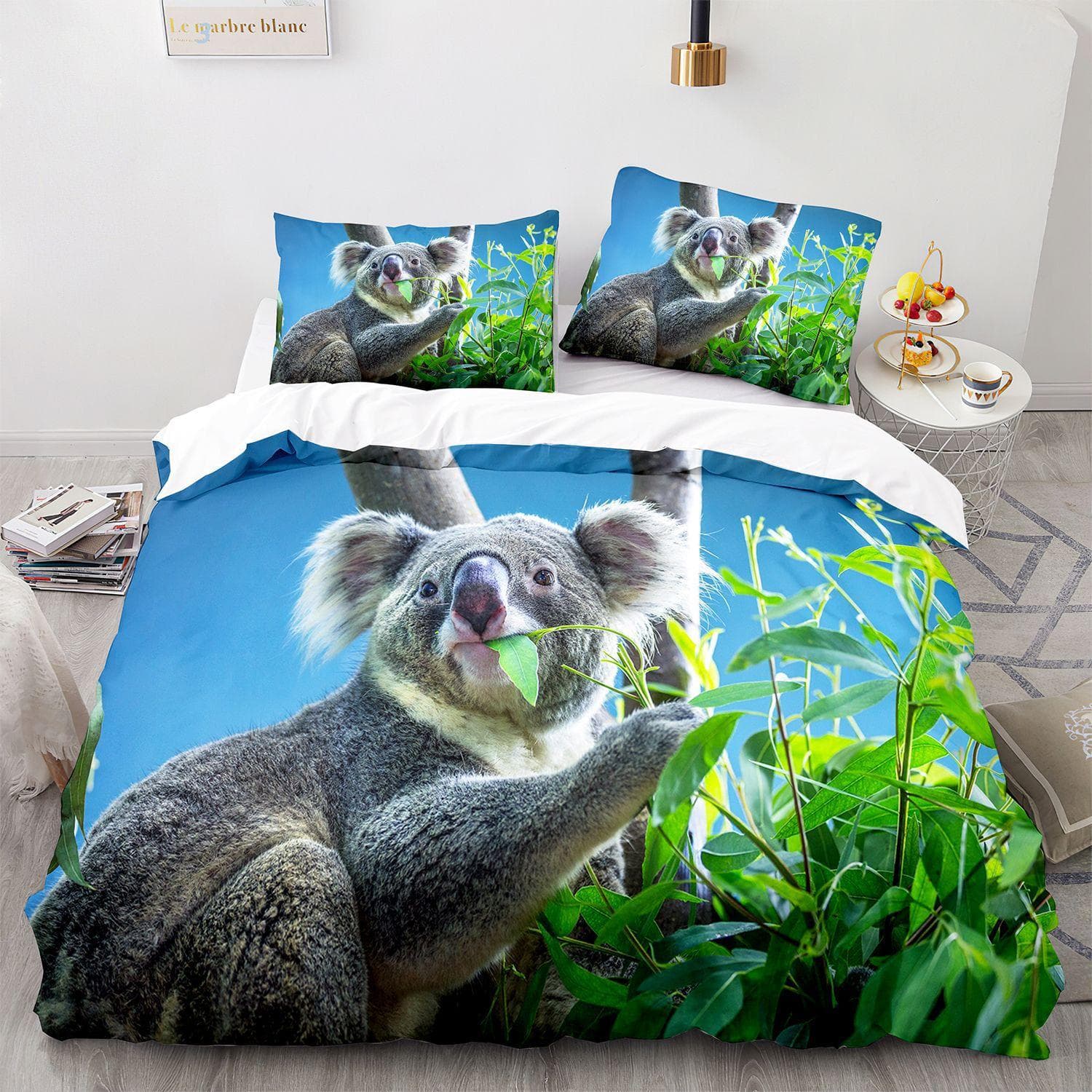 Koala Duvet Cover Set Cute Animal Pattern Bedding Set Palm Leaf Polyester Comforter Cover for Kids Full/Twin/Queen/King Size 240x220cm 3pcs