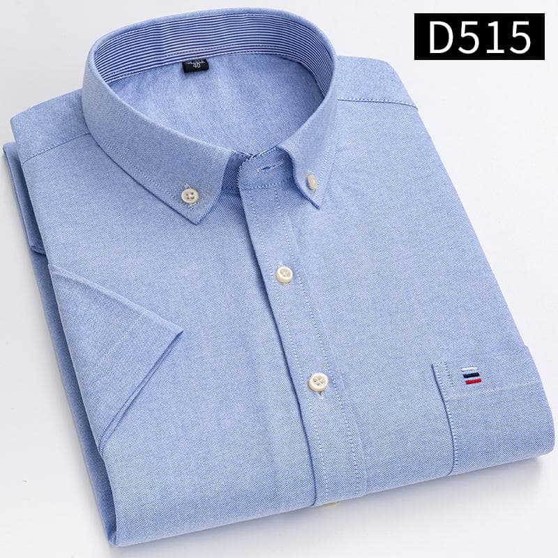 Men's Classic Solid Color Striped Short-sleeved Oxford Front Pocket Cotton Shirt 47 sky blue