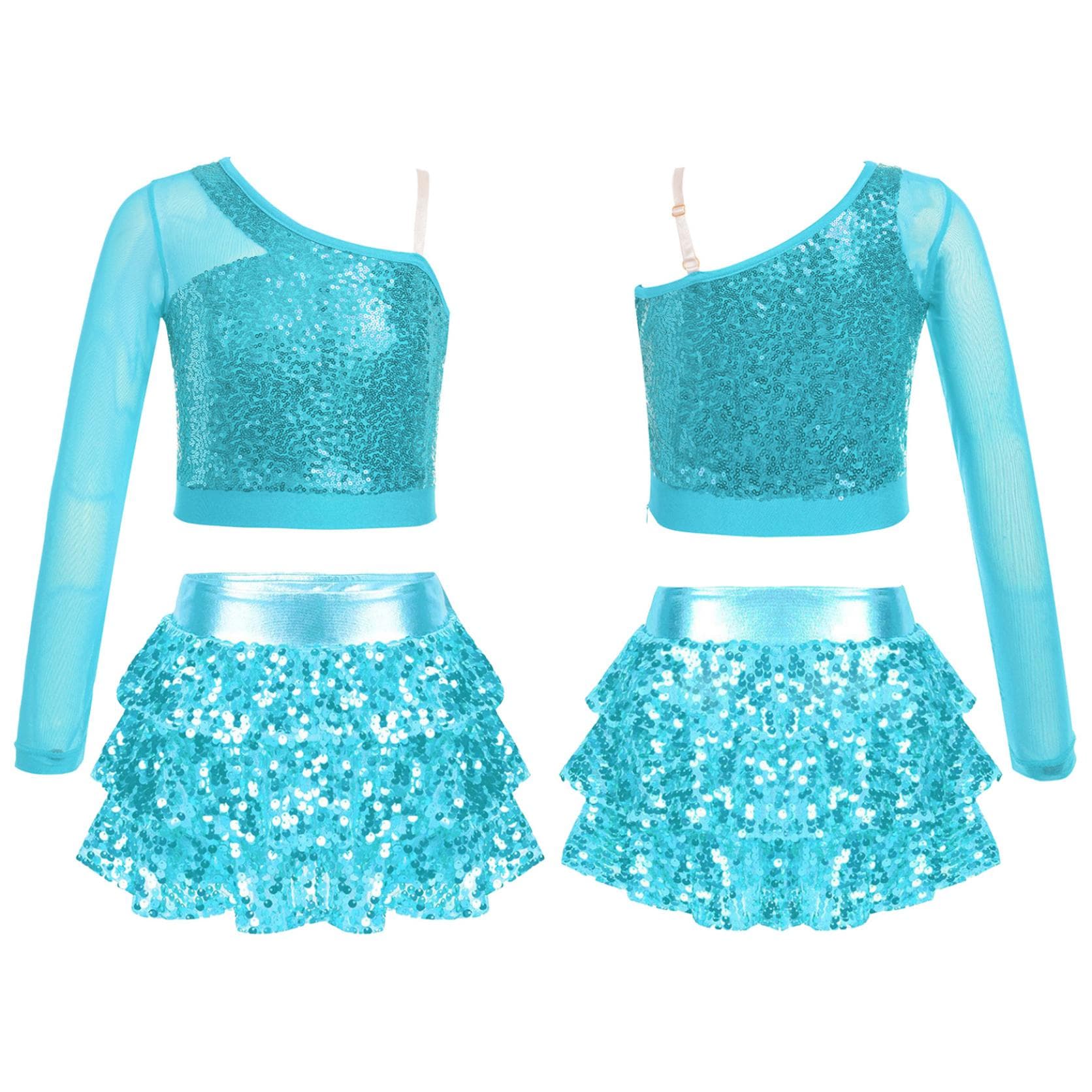 Girls Cheerleading Dance Suit Kids Jazz Dance Performance Stage Costume Sequins Dance Party Suit 9-10 Years light blue