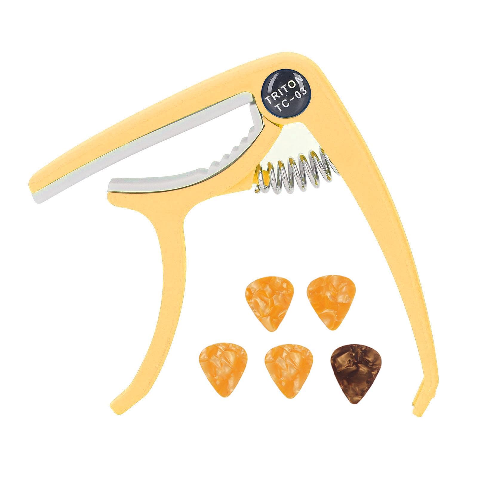 Electric Guitar Capo ABS Quick Release Ukulele Guitar Capo Set with 5PCS Guitar Picks for Mandolin yellow