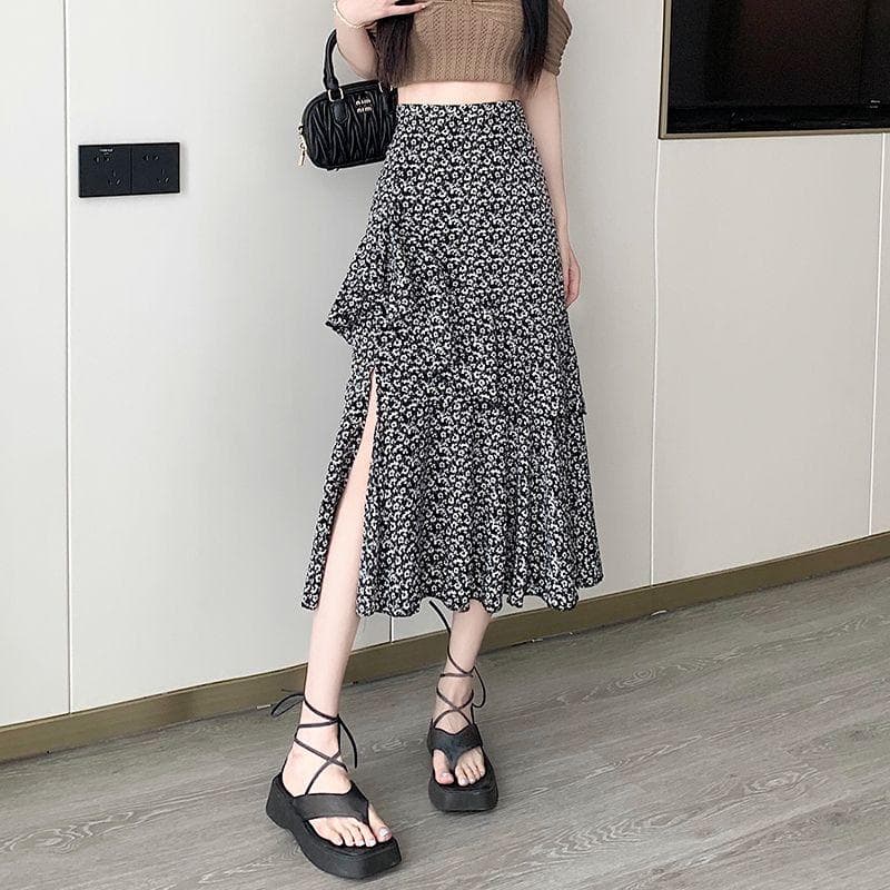 Ruffle Irregular Split Floral Skirt, Asymmetric Bustier Skirt, Female Spring and Summer High Waist Thin Medium-length A-line Skirt XL recommends 125-70 kg black