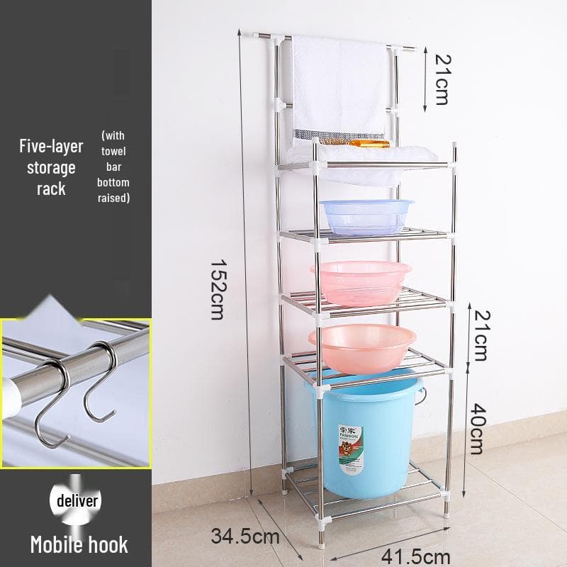 Stainless Steel Multi-Layer Floor-Standing Rack for Kitchen and Bathroom Basin and Pot Storage