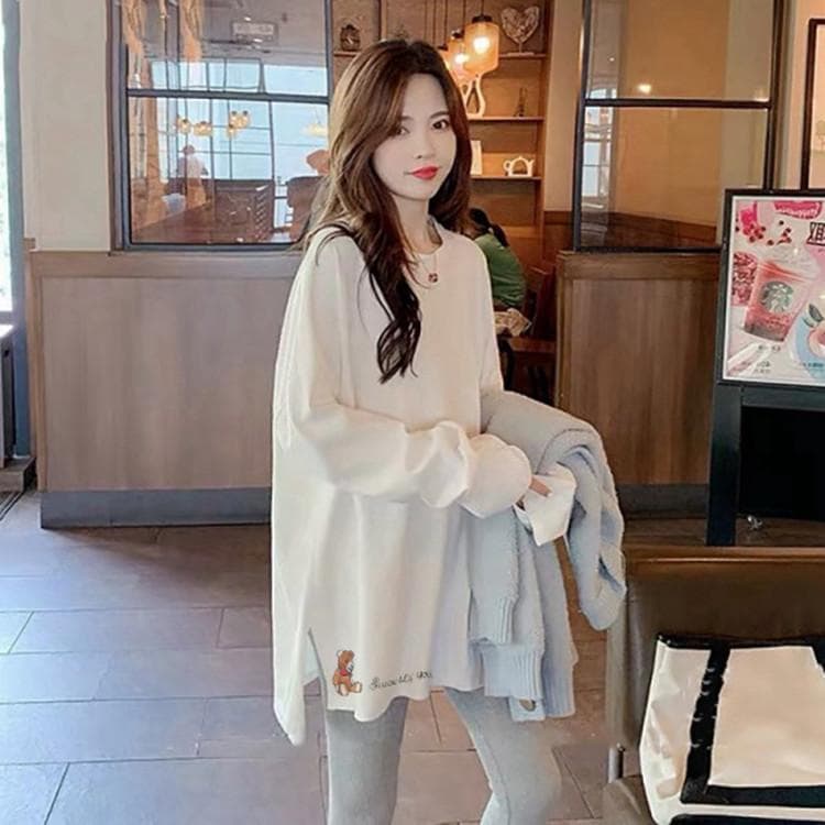 White T-shirt Women's Pure Cotton Split-ended Long-sleeved Top Spring and Autumn New Thin Large-size Bottoming Shirt XXL