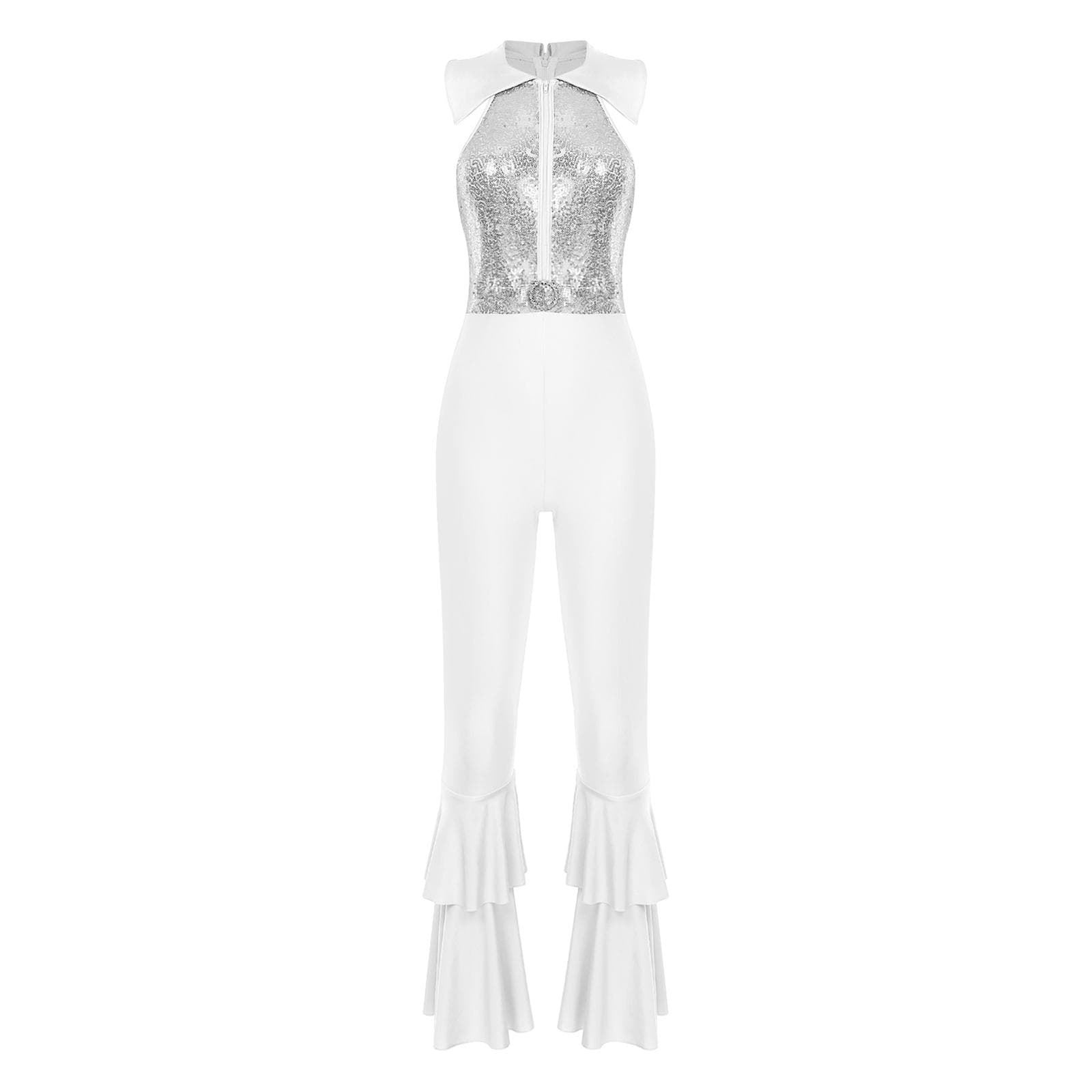 Womens Disco Jumpsuit Shiny Sequins Sleeveless Bell Bottom Design Rhinestone O-Ring Accents for 70s Theme Parties 3XL silver