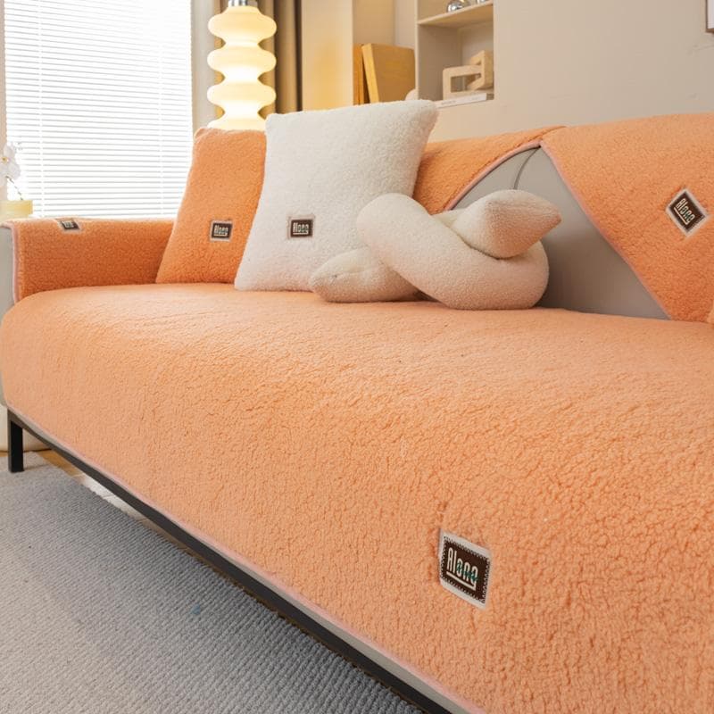 Lamb cashmere Winter Warmth Thickened Sofa Cover Nordic Minimalist Anti Slip Plush Cushion Soft Dust Comfortable Couch Towel 90x160cm orange