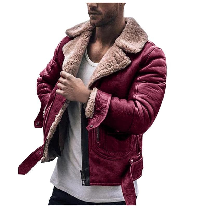 Faux Leather Men's Thickened Zipper Jacket L red