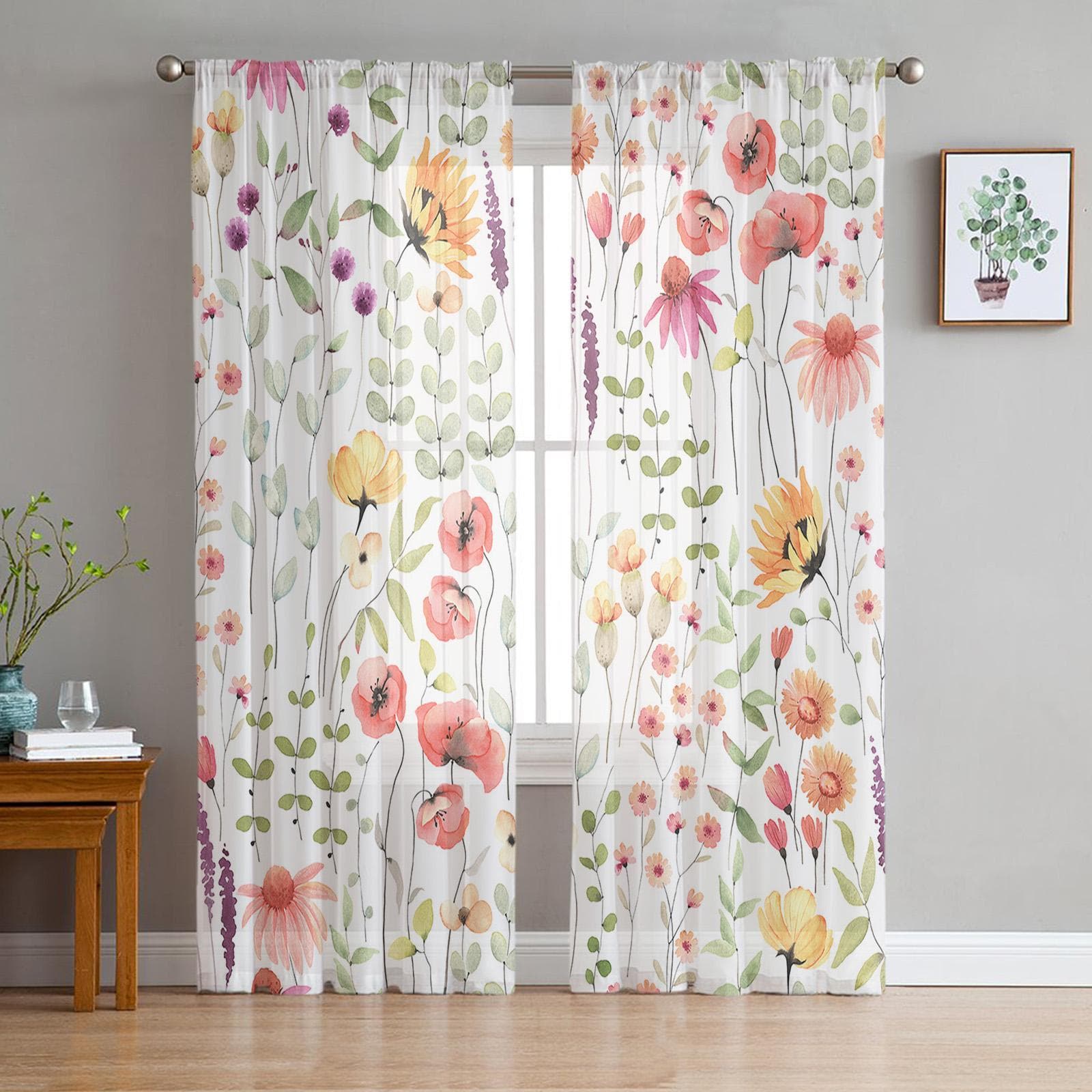 Sunflowers Eucalyptus Leaves Poppy Flowers Voile Sheer Curtains Living Room Window Tulle Curtain Kitchen Bedroom Home Decor 135W x 114H(cm)