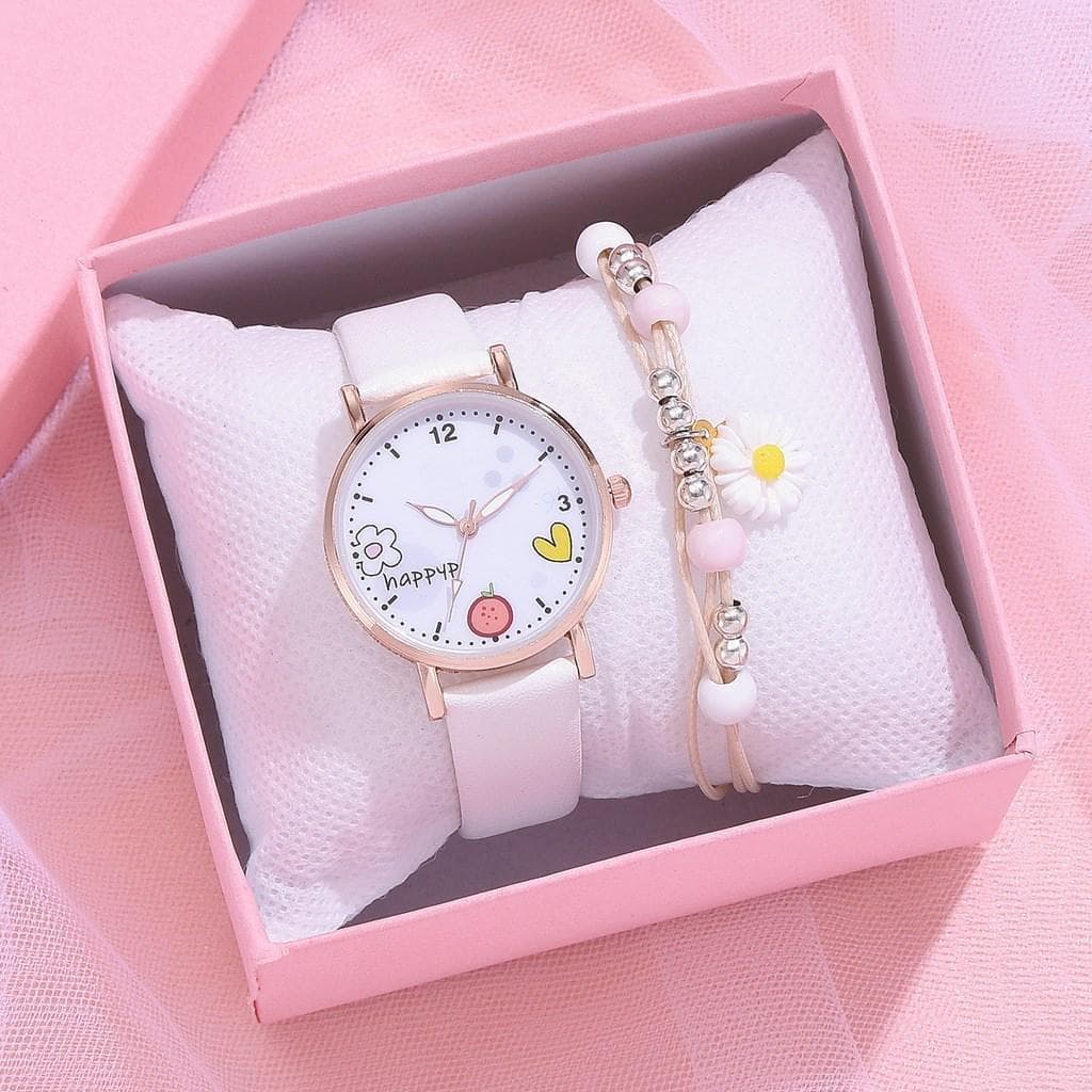 2 Pieces/set of Children's Watches Pink Cute Children's Watch Cartoon Pattern Quartz Watch and Bracelet white