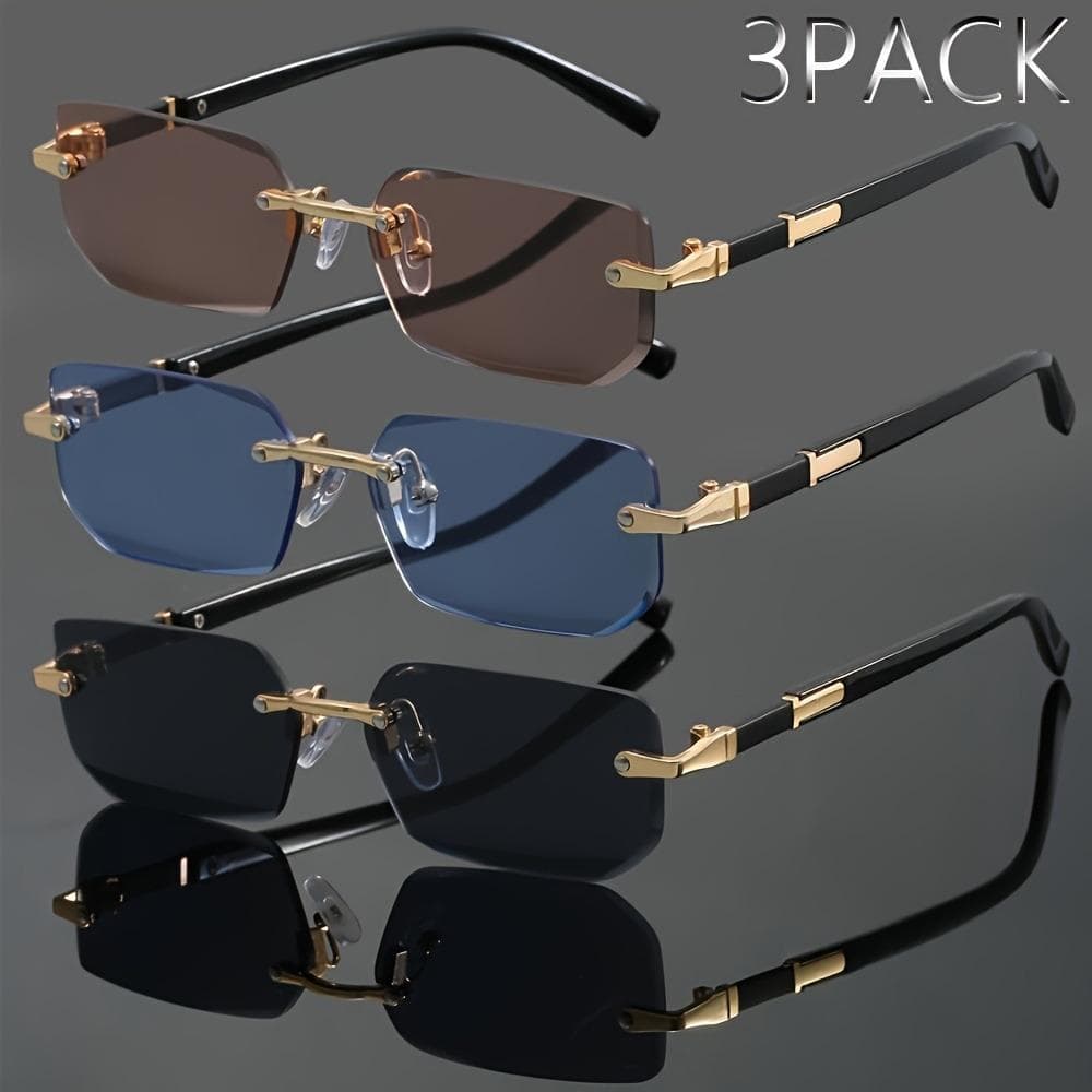 3pcs Rimless Rectangle Sunglasses Trendy UV400 Eyewear Frameless Gradient Shades for Men Women Punk Fashion Driving