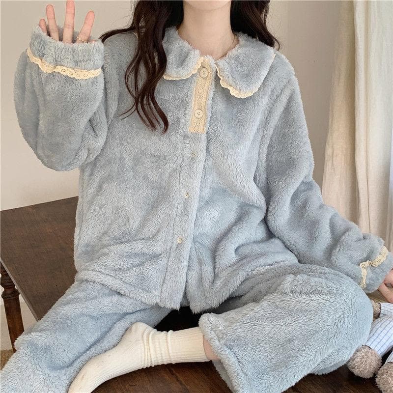 Lace Women Pajamas Set Winter Fleece Sweet Turn-down Collar Long Sleeve Tops+Pants Home Set Casual Button Cardigan Sleepwear 2XL