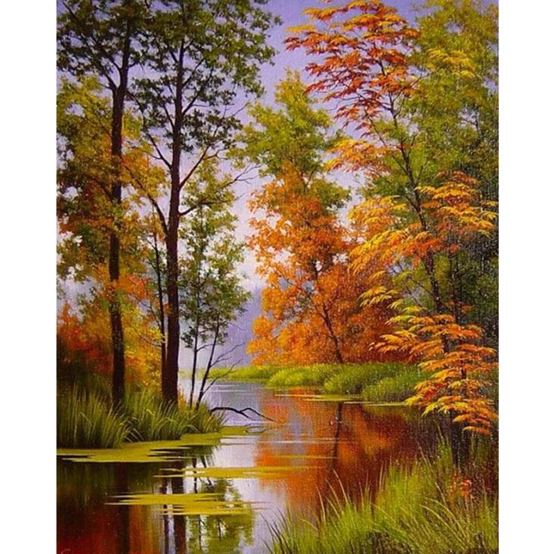Diamond Embroidery Painting Cross Stitch Scenic Autumn Trees & Lake Home Decor Kit For Needlework 20X30CM