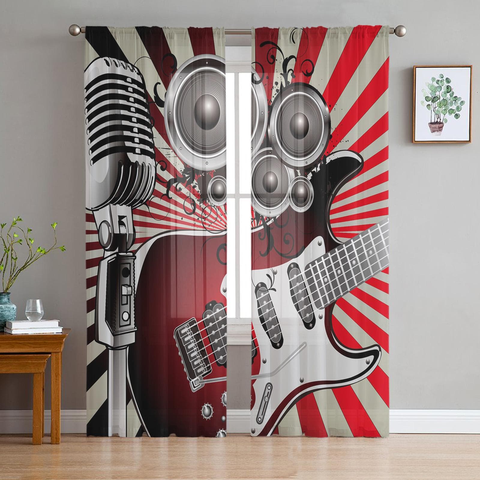 Rock Guitar Music Sheer Curtains for Living Room Voile Curtain Bedroom Bathroom Tulle Curtains Window Drapes 135W x 114H(cm)
