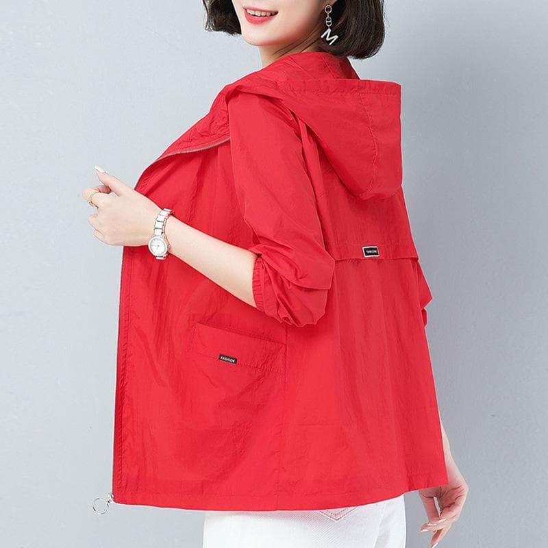 Women's Jacket Plus Size Summer Short Hooded Casual Jacket Outdoor Windproof Jacket S red