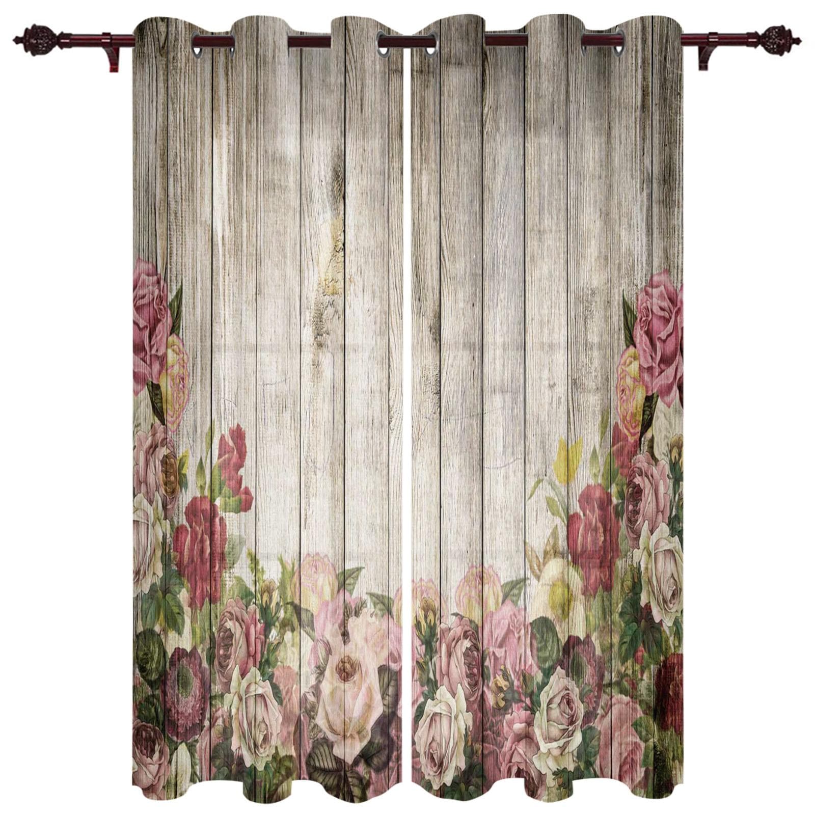 Wooden Door Retro Style Window Curtain Bedroom Living Room Window Drapes Kitchen Decoration Blinds Curtain 100W x 160H(cm) x2