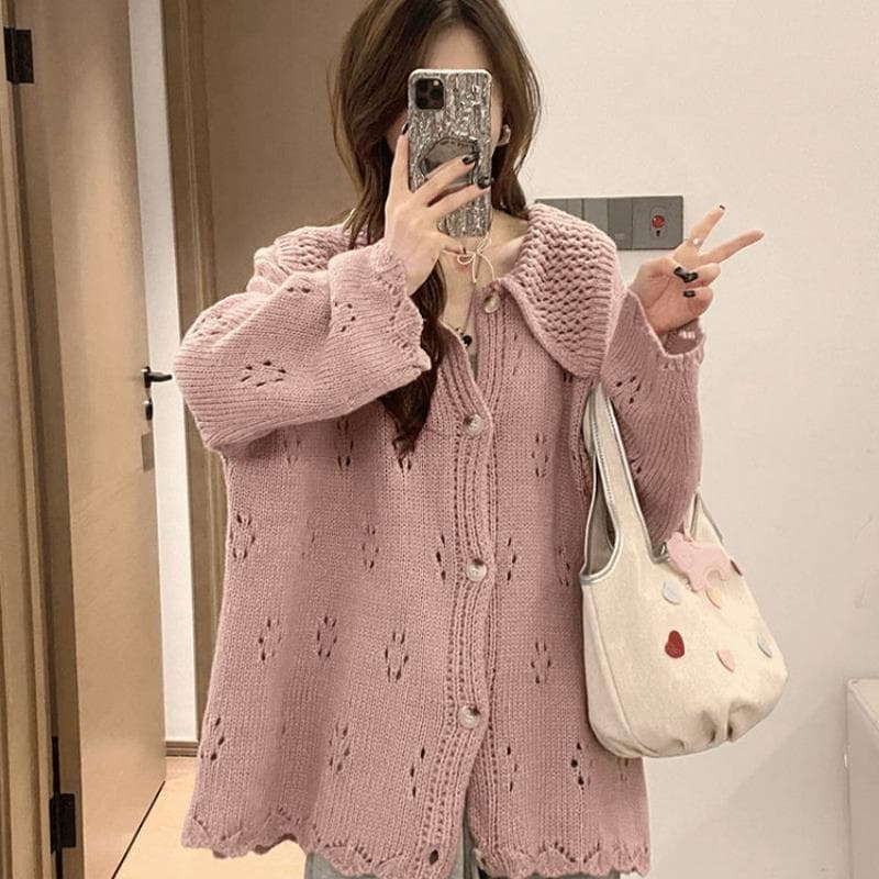 Korean Style Hollow Lapel Knitted Cardigan Women's New Autumn Loose Lazy Style Jacket Top One size