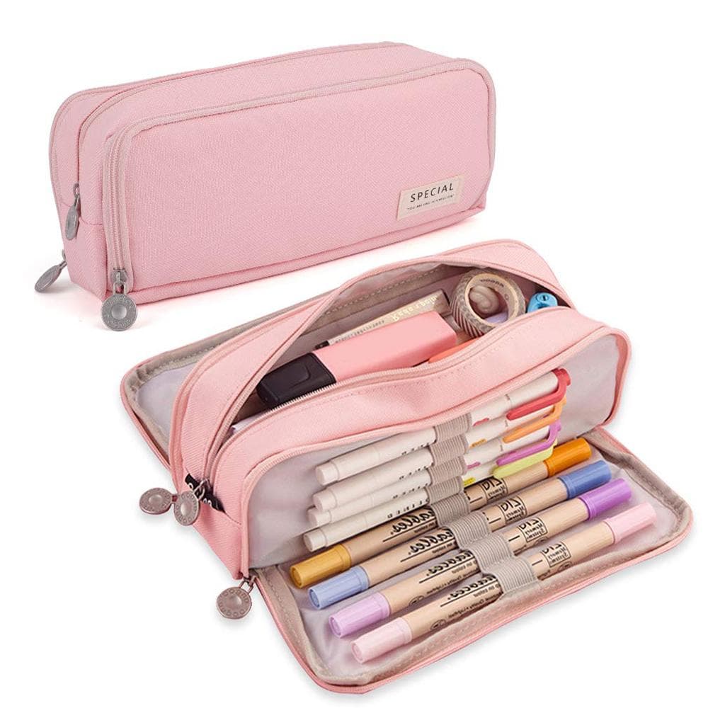 Large Capacity Pencil Pouch 3 Compartment Multifunctional Pen Bag For Girls Boy School Student Office Stationery Organizer pink