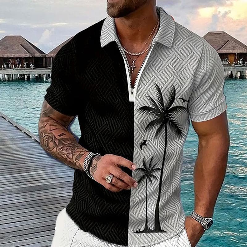 Men's Shirt Polo Casual Zip Short Sleeve Fashion Casual Zipper Summer Spring Regular Fit 3D Black Coconut Tree Print Shirt XL grey