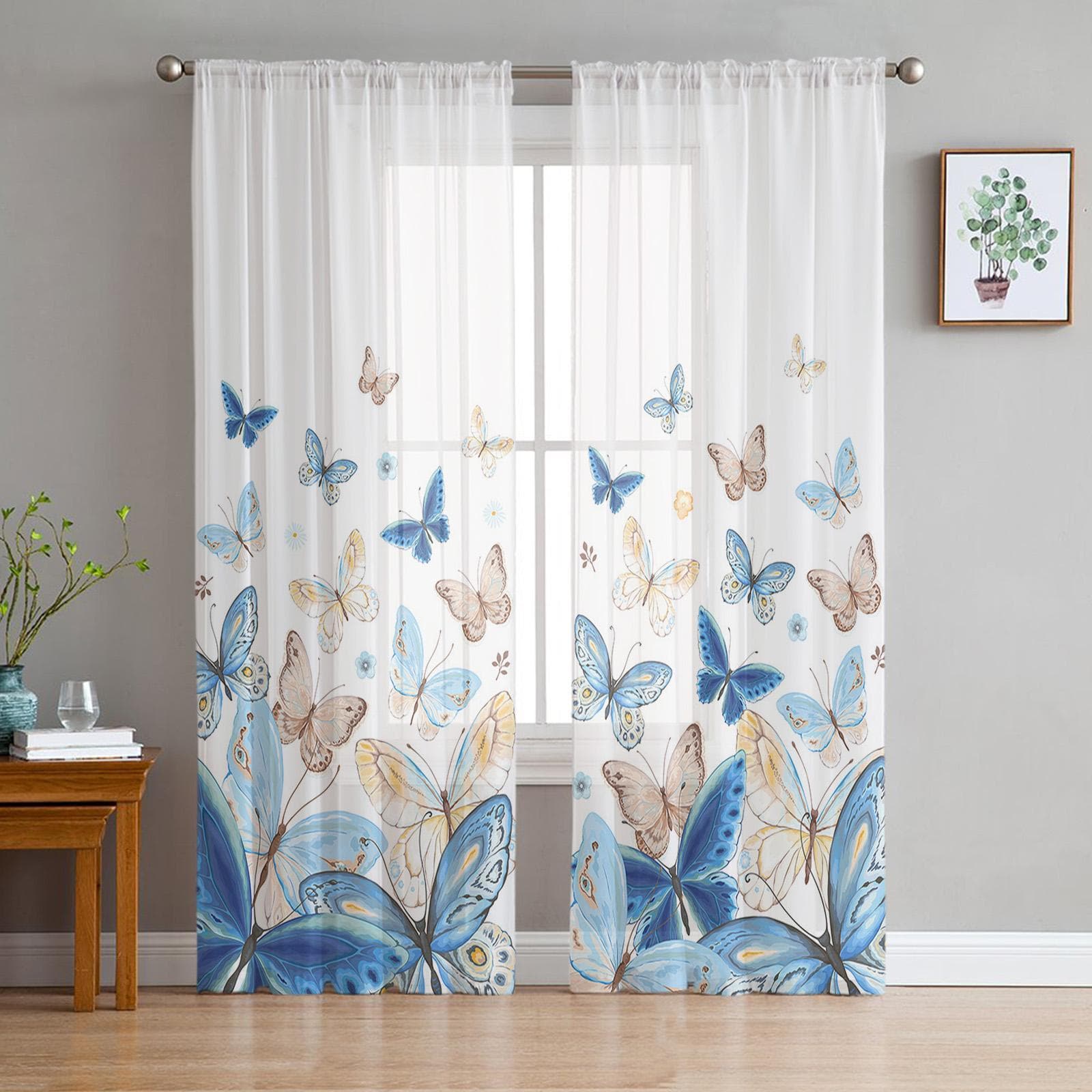 Pastoral Butterfly Gradient Sheer Curtains for Bedroom Living Room Voile Window Curtains Tulle Curtains for Kids Room 135W x 114H(cm)