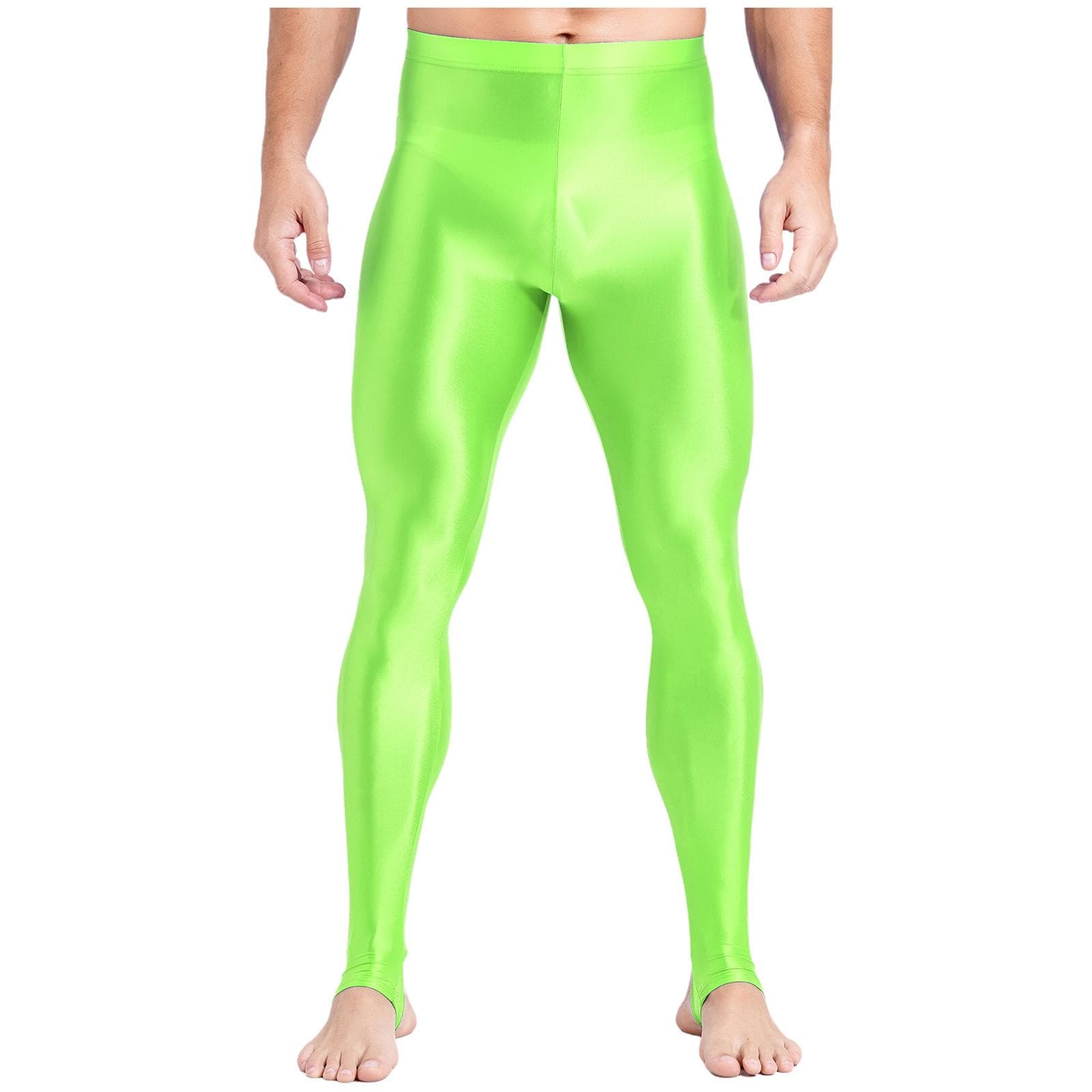 Mens Plus Size Glossy Leggings High Waist Tummy Control Fitness Gym Workout Pants L fluorescent yellow