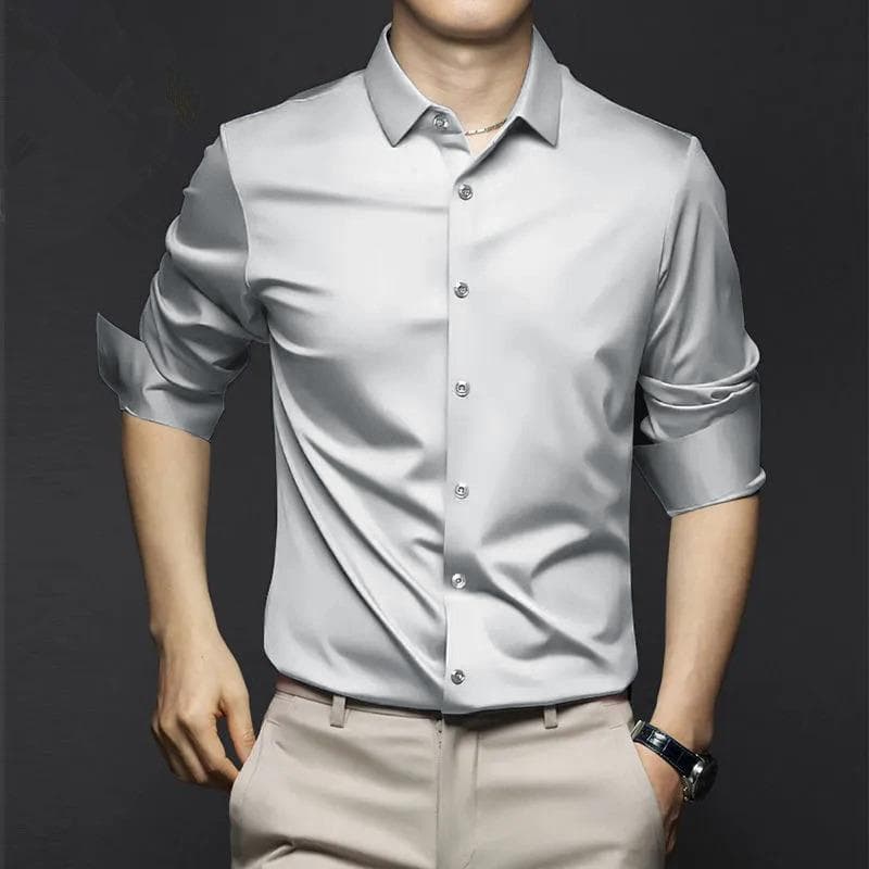New Stretch Anti-Wrinkle Men's Shirts Long Sleeve Dress Shirts for Men Slim Fit Social Business Blouse White Shirt 6XL M light grey