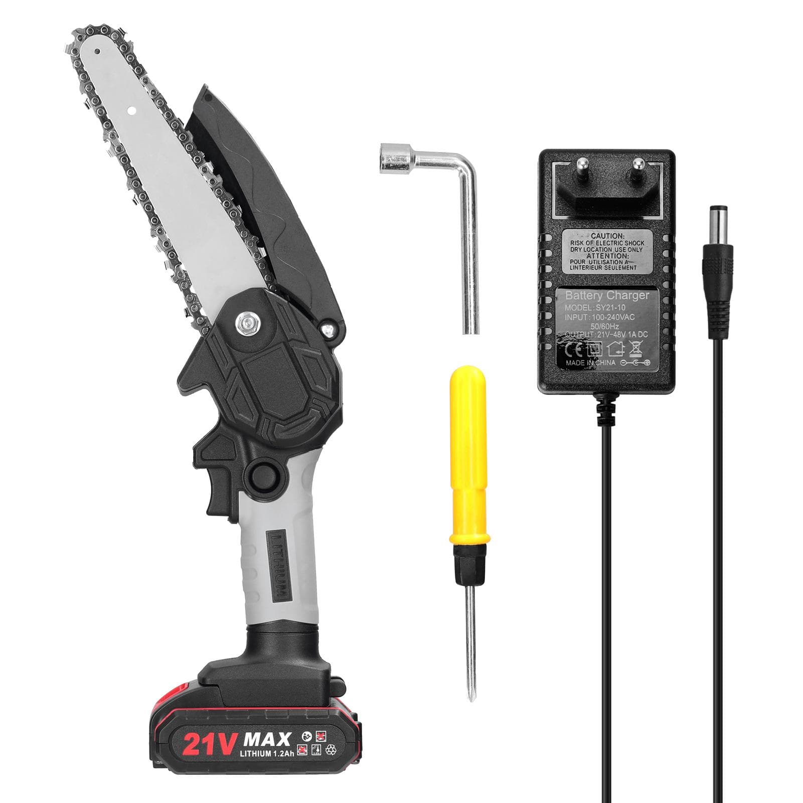 21V 6inch Portable Electric Pruning Saws Small Wood Splitting Chainsaw Brush Motor One-handed EU Plug 1 Battery