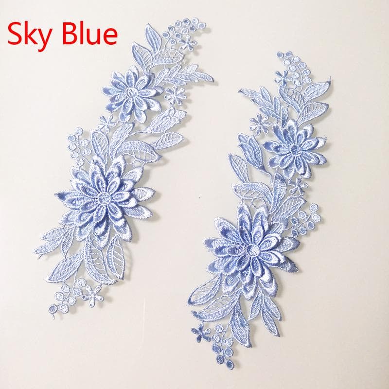1 Pair Embroidery Applique 3D Lace Trim Flower Fabric Craft Sewing Motif DIY Patches sky blue