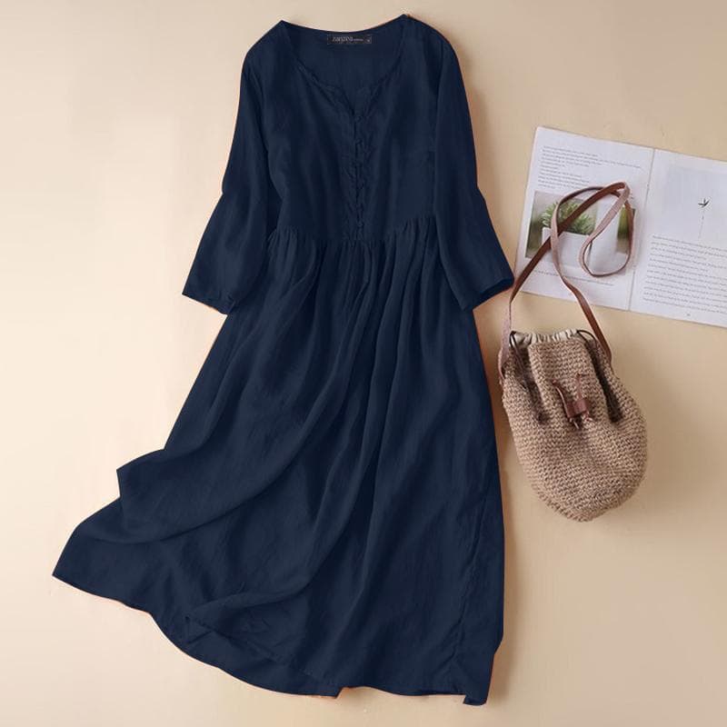 ZANZEA Women Casual O-neck Long Sleeve Summer Cotton Dress M Dark blue