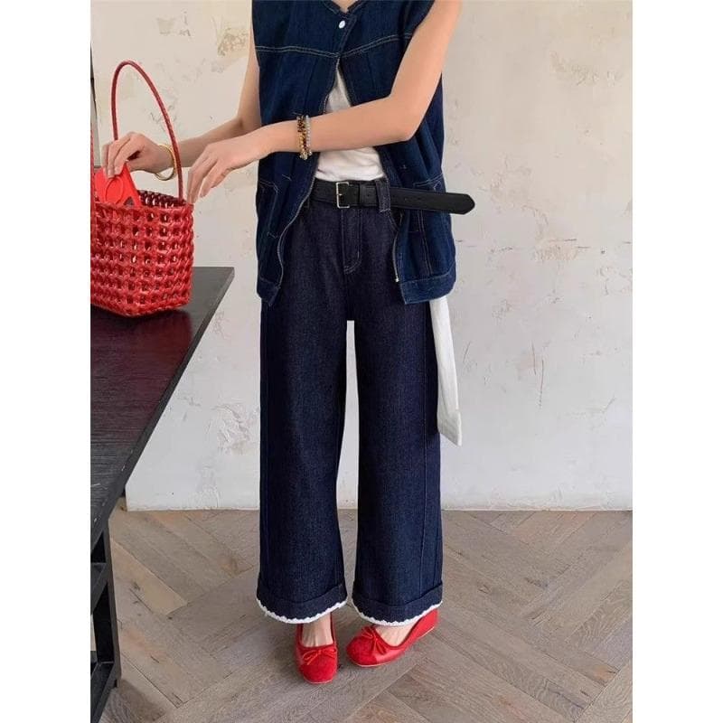 Lace High Waist Wide-leg Jeans for Women In Summer Loose and Slim Nine-point Small Versatile Straight Pants XXL