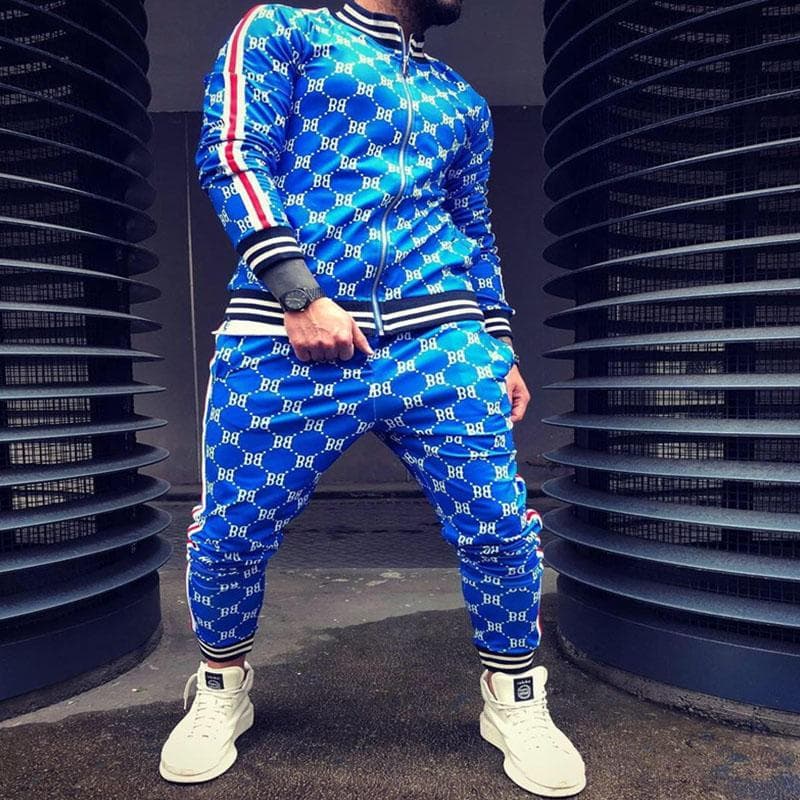 Tracksuit Men Sportsuits Gentlemen Set Zipper jacket suit Long Sleeve stripe Coat+Pants Gyms Men Set Casual Sportswear Suit XXXL