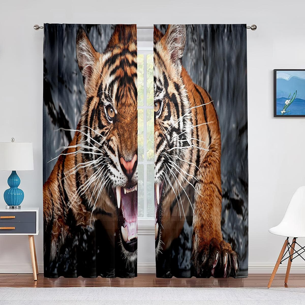 Grey Tiger Head Wild Animal Themed Sheer Voile Curtains for Bedroom Living Room Hotel Decor Kitchen Window Chiffon Tulle Curtain 1 PCS W100XH250cm&Grommet Top