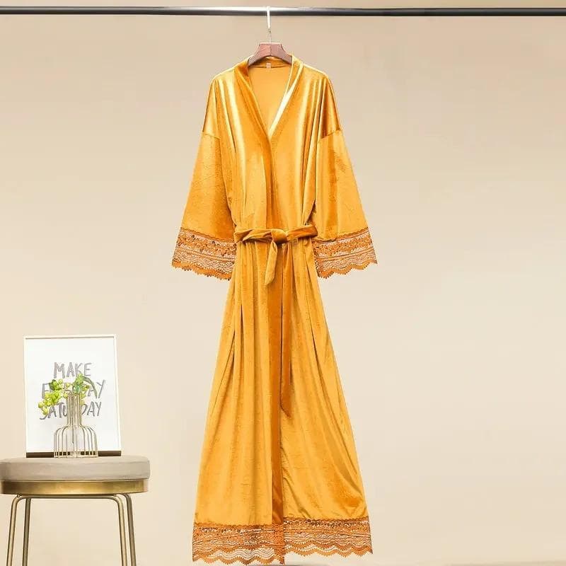 Long Velvet Robes with Lace Robe Women Bride Bridesmaid Kimono Bathrobe Party Soft Lady Wedding Homewear Warm Velvet Robe Gown Plus size