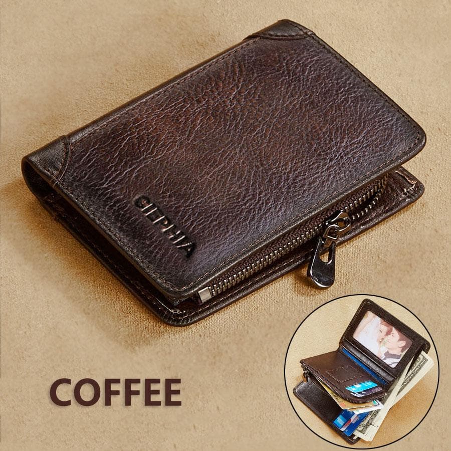 Genuine Leather Wallets for Men Vintage Short Multi Function Business Purse RFID Blocking Zipper ID Credit Card Holder Money Bag coffee