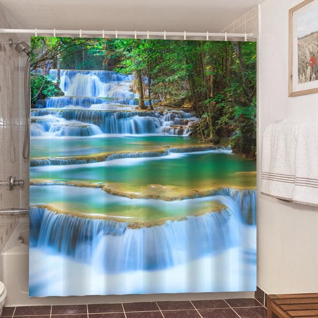 Rural Landscape Creek Stone Lotus Buddha Shower Curtain Bathroom Curtain Fabric Waterproof Polyester Bathroom Curtain with Hooks 180*180cm