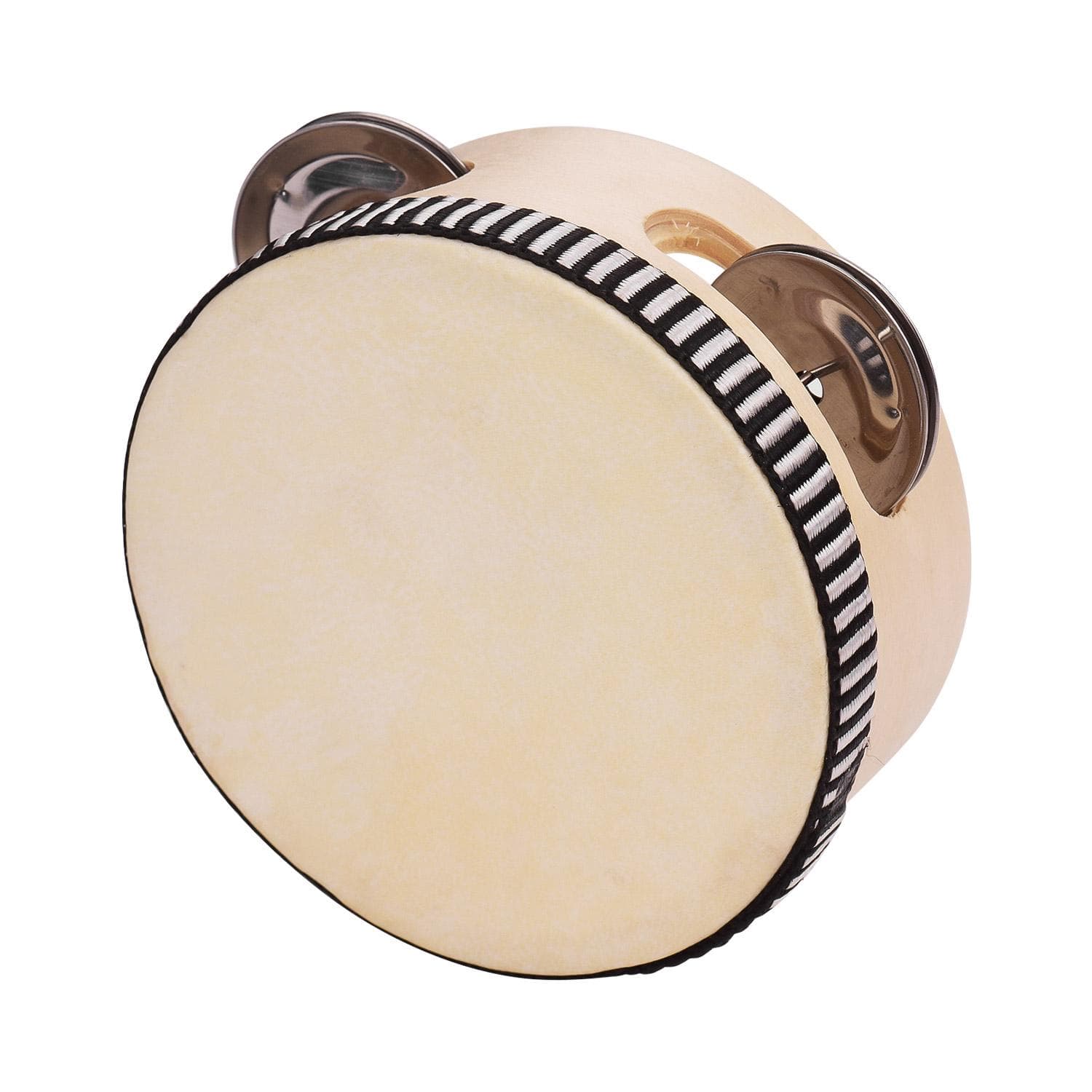 4 Inch Wooden Hand Tambourine with Metal Single Row Jingles Polyester Drum Sheepskin Drum Skin