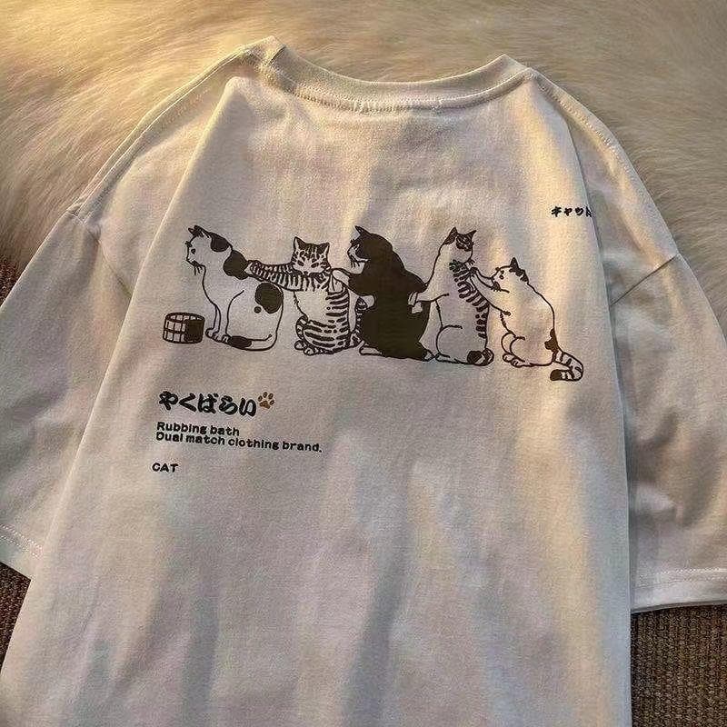 Summer Small Fresh Short Sleeved T Shirt Men and Women Couple Tide Brand Retro Cartoon Cat Printing Half Sleeve T Shirt S white