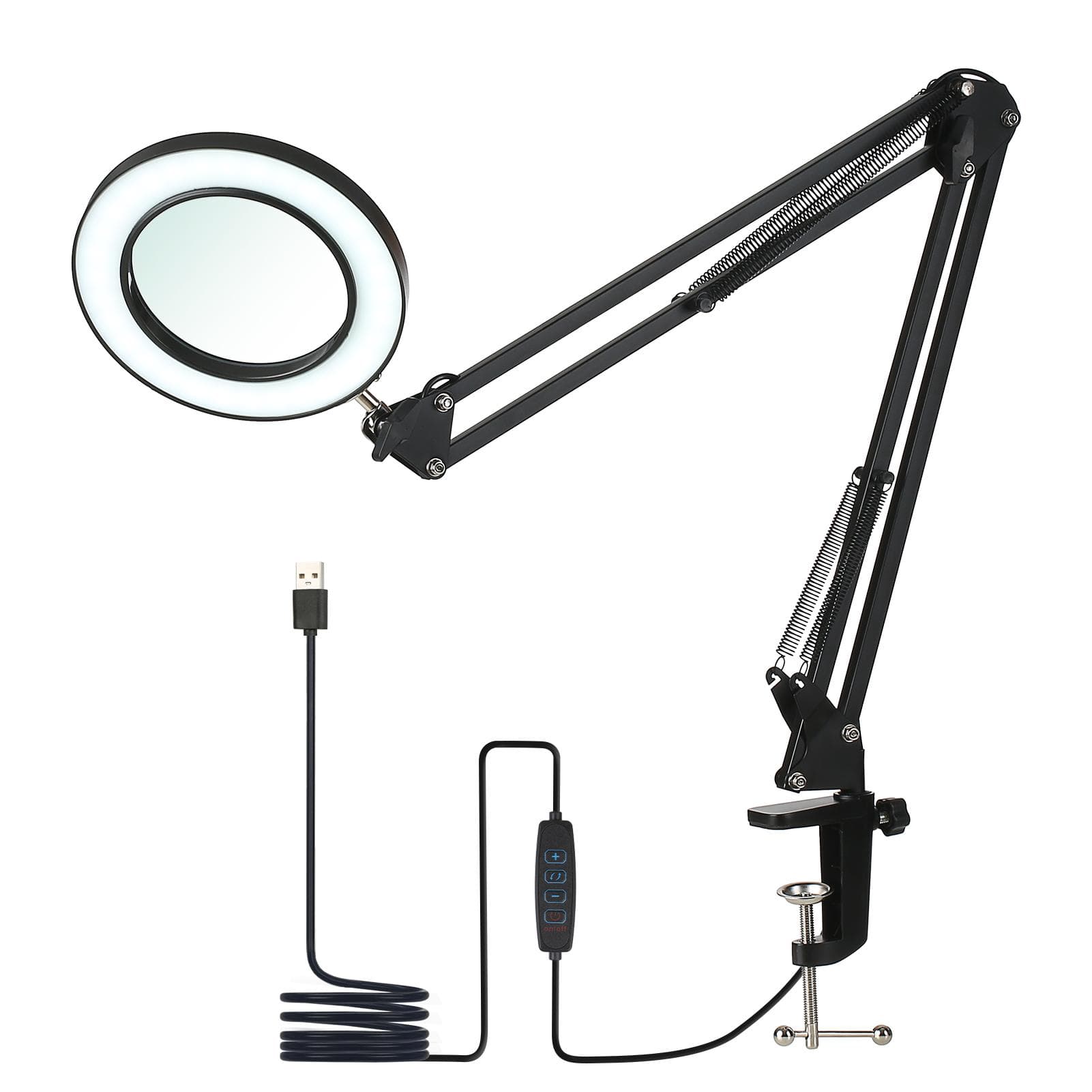 Tomshine Flexible Clamp-on Table Lamp with 8x Magnifier Swing Arm Dimmable LEDs Desk Light 3 Color black