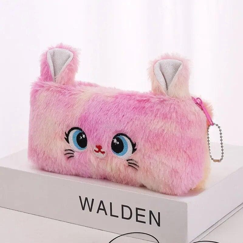 Kawaii Cartoon Cute Cat Plush Pouch Pencil Case Zipper Fluffy Large Capacity Pen Bag School Stationery Cosmetics Storage Bag rose red