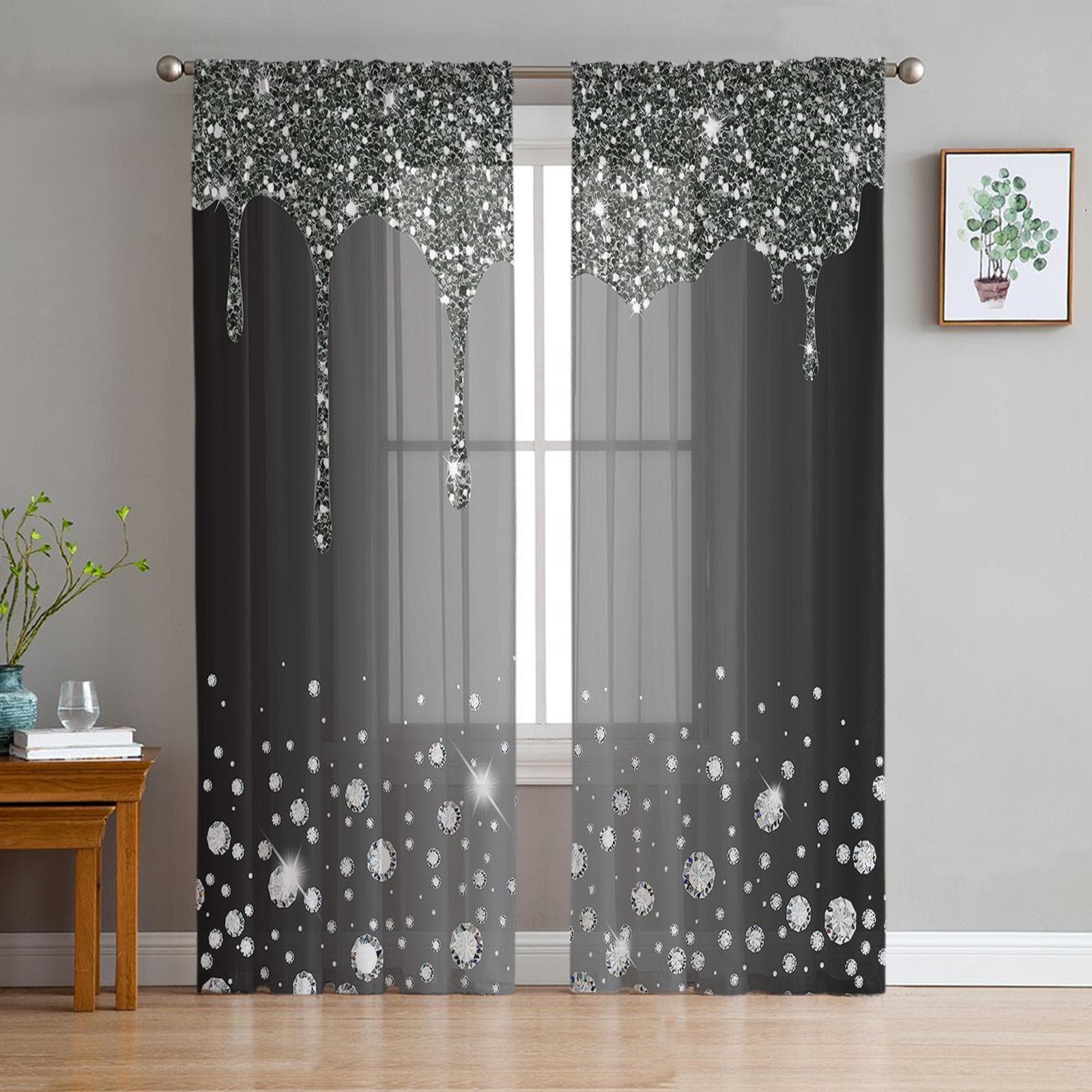 Black Shiny Diamond Droplet Texture Window Curtains For Living Room Bedroom Kitchen Chiffon Sheer Window Treatment 135W x 114H(cm)