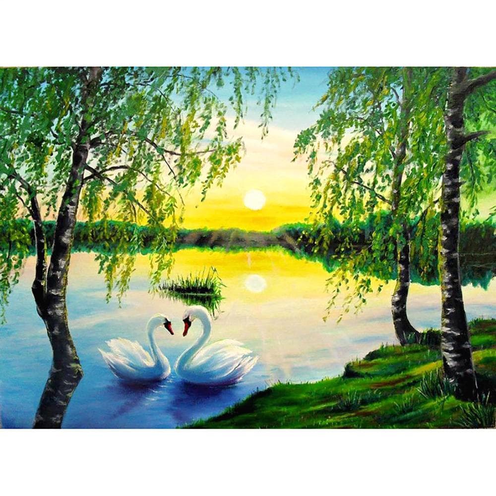 5D DIY Diamond Painting Swan Riverside sunset scenery Diamond Embroidery Cross Stitch 20X30CM