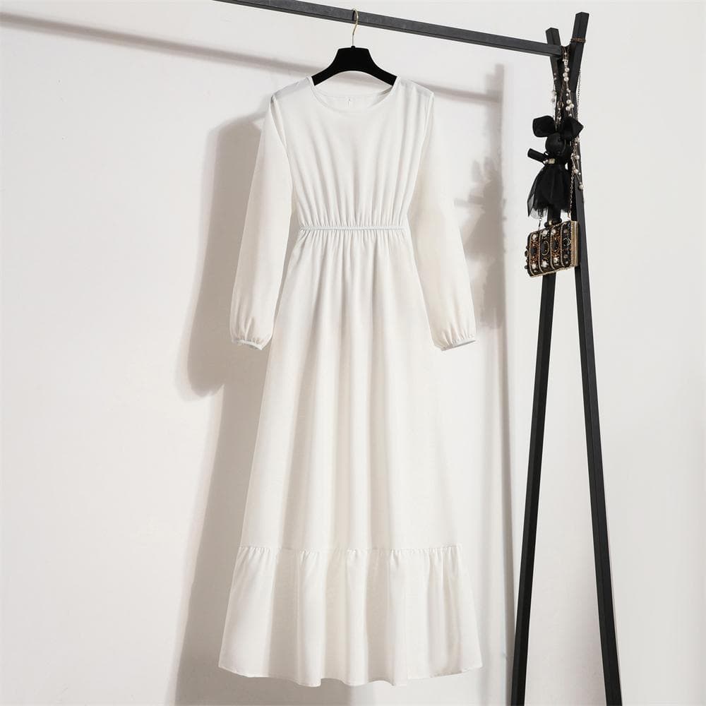Spring Summer Fashion Female Solid Full Sleeve O-neck Casual Dress Women Bohe Party Long Dress Woman Muslim Maxi Dresses XL white