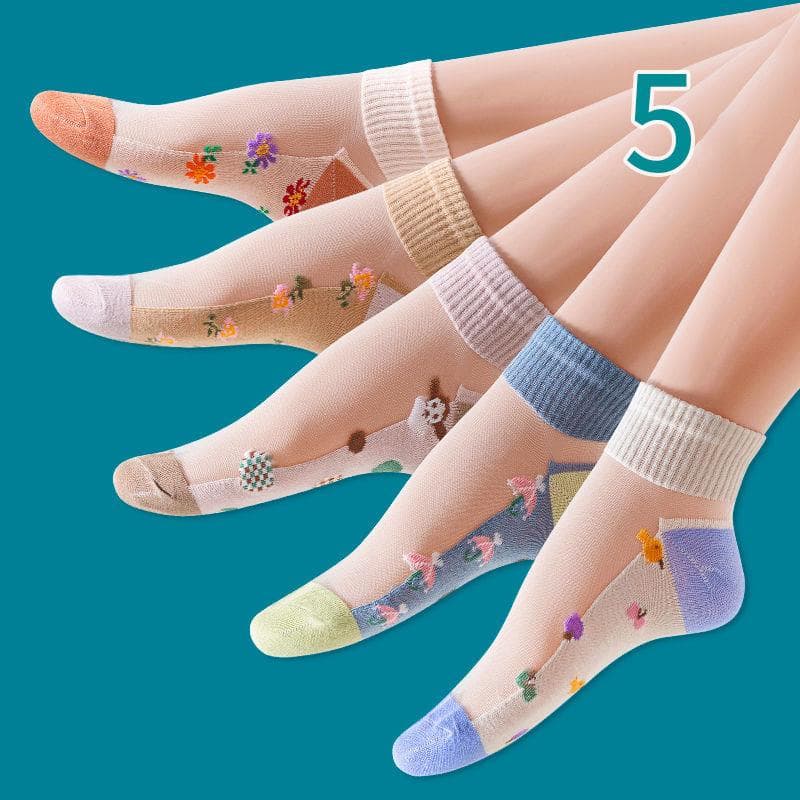 5 Pairs Women Socks Harajuku Summer Cartoon Lace Ankle Sock Casual Socks Transparent Elastic School Girl Short Socks