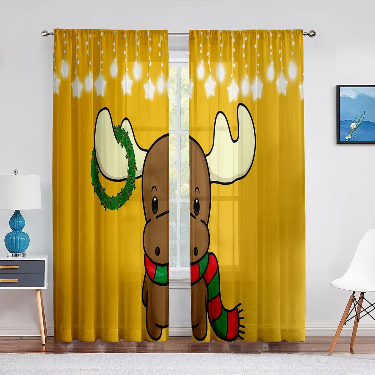 Santa Claus Presents Reindeers Christmas Tulle Sheer Window Curtains for Living Room Kitchen Kids Bedroom Voile Hanging Curtain 1 PCS W100XH250cm&Grommet Top