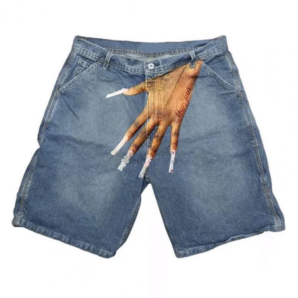 Men Denim Shorts Button Zipper Fly Hand Printed Hip Hop Style Short Pants with Pockets High Street Casual Short Jeans 32