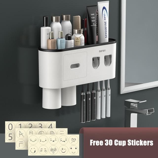 Magnetic Adsorption Inverted Toothbrush Holder Double Automatic Toothpaste Squeezer Dispenser Storage Rack Bathroom Accessories