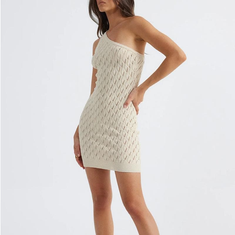 European and American New Pure Desire Sexy Hot Girl Hip Skirt Summer Women's Hollow Shoulder Knitted Dress Women L