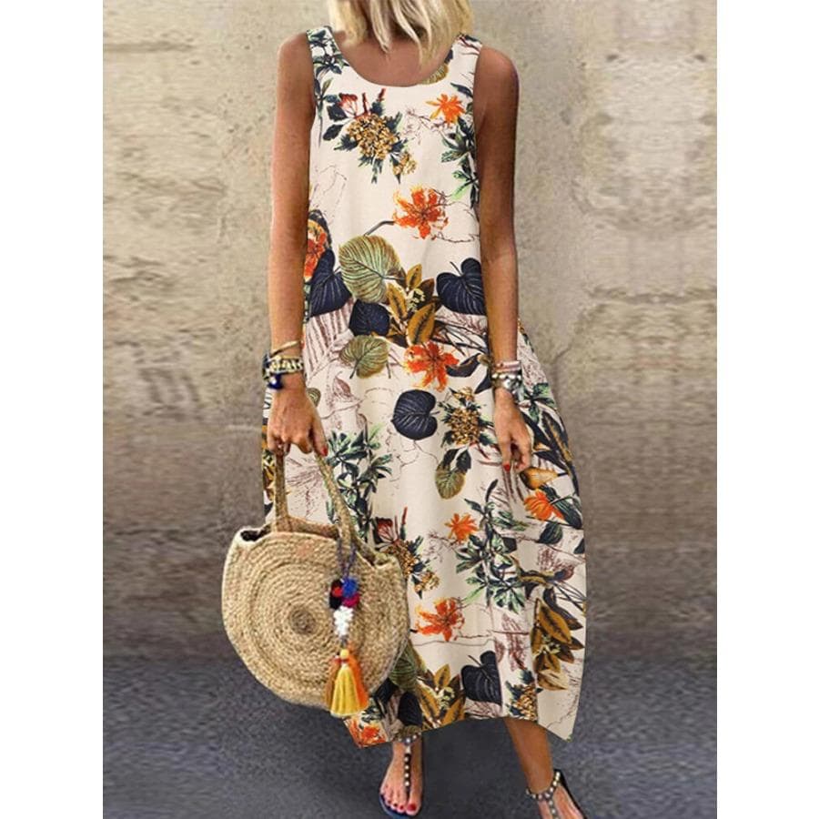 Women Retro Cotton Linen Floral Printed Vest Dress Vintage Casual Summer Sundress O Neck Sleeveless Oversized Maxi Long Dresses XL yellow