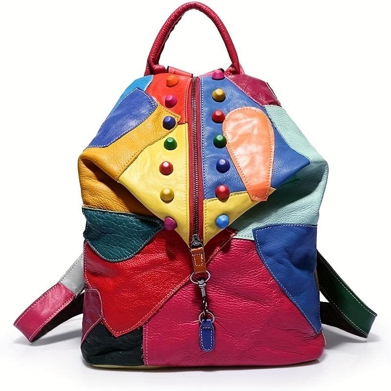 Women's leather backpack, fashionable multi-color stitching backpack, women's shoulder bag backpack, high-quality genuine leather women's bag